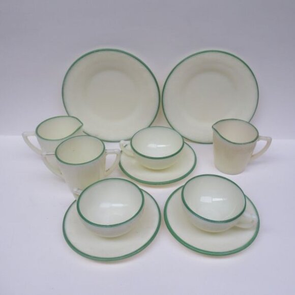 McKee Custard LAUREL Green Trim 11 Pieces Vintage Children's Hostess Dishes - Picture 2 of 5
